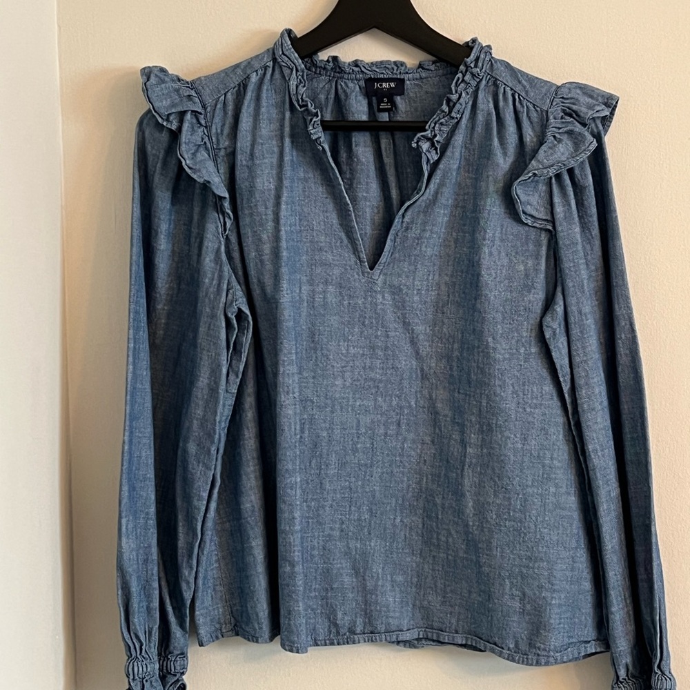 J. Crew Chambray Ruffle Blouse
